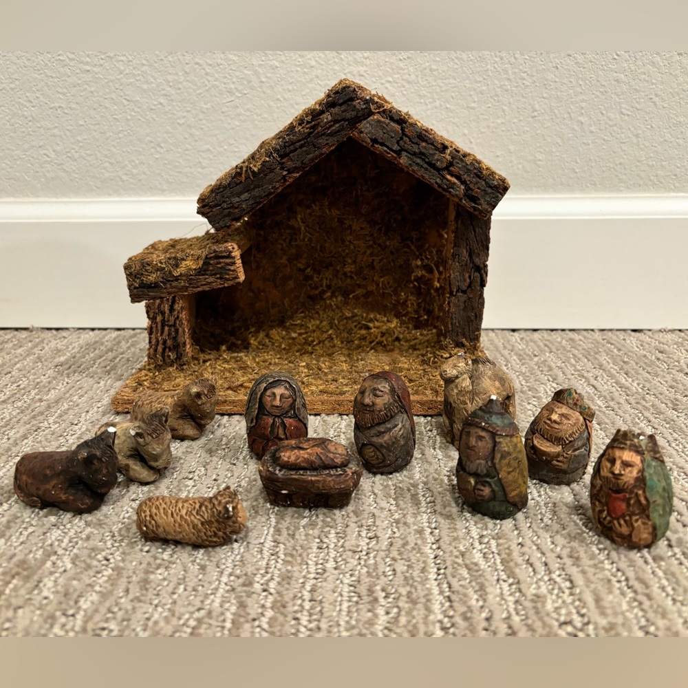 SOLD Small nativity scene, 2” figures, carved and painted plaster